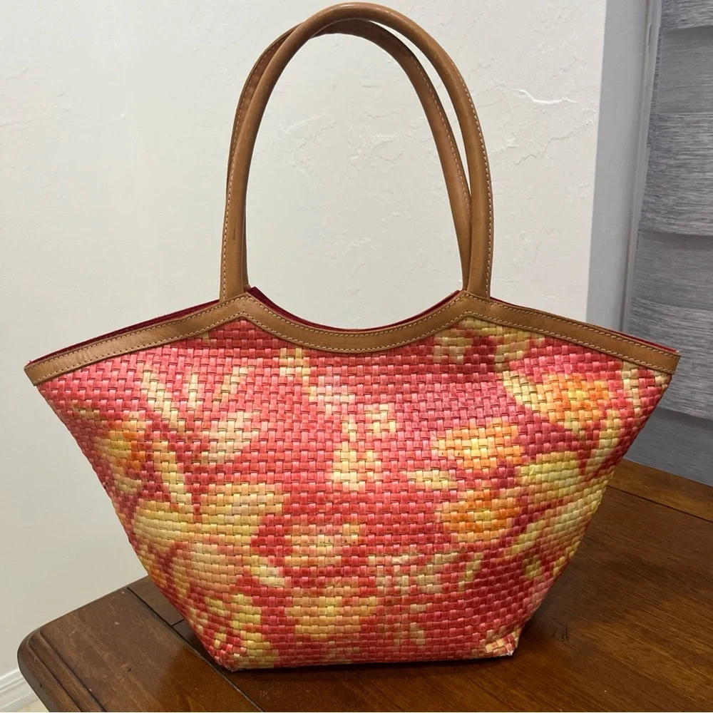Nordstrom Tote‎ Bag Womens Medium Pink Orange  Woven Made In Italy Leather Trim